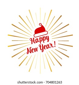 Happy New Year sign with gold sunburst and a Santa Hat and.
