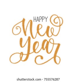Happy New Year sign with golden glitter effect. Modern calligraphy.