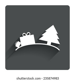 Happy new year sign icon. Gifts anf tree. Gray flat square button with shadow. Modern UI website navigation. Vector