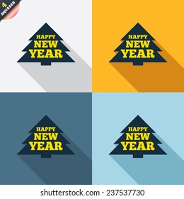 Happy new year sign icon. Christmas tree symbol. Four squares. Colored Flat design buttons. Vector