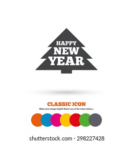 Happy new year sign icon. Christmas tree symbol. Classic flat icon. Colored circles. Vector