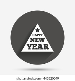 Happy new year sign icon. Christmas tree triangle symbol. Circle flat button with shadow. Vector