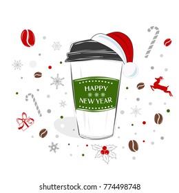 Happy New Year sign over cute coffee cup with holiday background vector illustration. Christmas creative greeting card design.