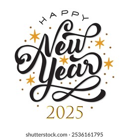 Happy New Year signs. 2025 Happy New Year symbols. Greeting card artwork, brochure template set. Vector illustration with black holiday labels isolated on white background.