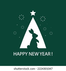 Happy New year! Silhouettes of rabbit, christmas tree and salute on dark green background. Minimalism design templates for greeting card, poster, banner for 2023. Year of the rabbit. 