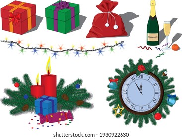 Happy new year simbols and decorations vector illustration set with red and green gift boxes, big red santa`s bag with gifts, bottle and glass of champagne, mandarine and confetti, candles