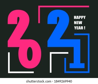 Happy New Year simple design of colored 2021 logo numbers. Typography logo for 2021 with lines ornament.  Isolated on black background