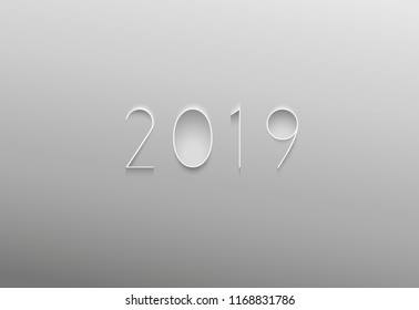 Happy New Year simple illustration greeting card with thin white digital numbers for 2019 year on plastic grey background.