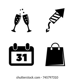 Happy New Year. Simple Related Vector Icons Set for Video, Mobile Apps, Web Sites, Print Projects and Your Design. Black Flat Illustration on White Background.