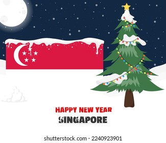 Happy new year in Singapore with Christmas tree and snow, banner or content design idea, Singapore flag with pine tree, new year celebration idea, sky with full moon and stars, vector design