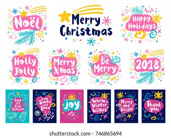 Happy New Year sketch style set. Christmas lettering Typography greeting cards. Multicolor doodles hearts stars eyes lips trendy firecracker fireworks. Hand drawn vector illustration.