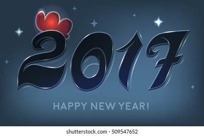 Happy New Year. Sleek 2017 Lettering With Shiny Rooster Comb For Greeting Card.  Vector Graphic.