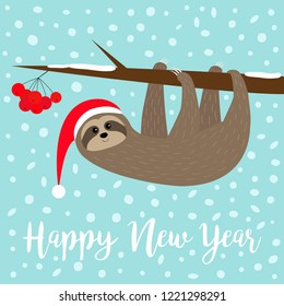 Happy New Year. Sloth hanging on rowan rowanberry sorb berry tree branch. Santa hat. Merry Christmas. Cute cartoon funny character. Baby collection. Flat design. Blue snow background. Vector