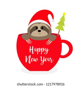Happy New Year. Sloth sitting in red coffee cup teacup. Fir tree. Santa hat. Face and hands. Cute cartoon baby character. Merry Christmas. Hello winter. Slow down. White background. Flat design Vector