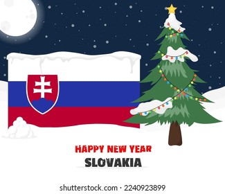 Happy new year in Slovakia with Christmas tree and snow, banner or content design idea, Slovakia flag with pine tree, new year celebration idea, sky with full moon and stars, vector design