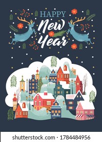 Happy New Year. A small snow covered town at night. Vector greeting card.