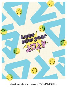 Happy New Year with smiley face design. 2023 trendy lettering design. Holiday Vector Illustration.	