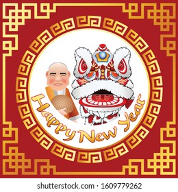 Happy new year with smiling Buddha and lion dance in Chinese graphic vector frame