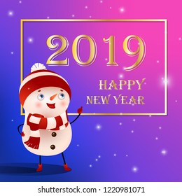 Happy New Year with smiling snowman and frame poster design. Inscription in frame with smiling funny snowman on purple background. Can be used for postcards, calendars, greetings