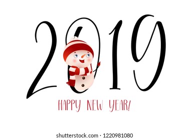 Happy New Year with smiling snowman banner design. Calligraphy with snowman inside zero number on white background. Can be used for postcards, calendars, greetings