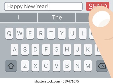 Happy New Year SMS message on mobile phone with keyboard and man finger over Send button.