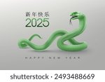 Happy New Year of the Snake 2025 horizontal poster. 3D realistic vector green snake  isolated on a light background. Chinese translation text Happy New Year