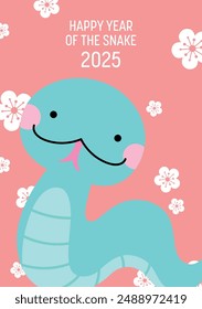 Happy new year of the snake 2025 cute card. Cartoon zodiac snake with plum blossoms pattern.