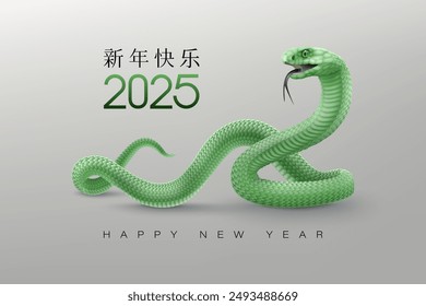Happy New Year of the Snake 2025 horizontal poster. 3D realistic vector green snake  isolated on a light background. Chinese translation text Happy New Year