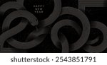 Happy New Year of the Snake greeting card. Line style abstract coiled snake with numbers 2025 on a black background with gold sparkles