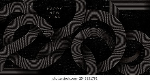 Tarjeta de felicitación feliz año Nuevo de la serpiente. Serpiente enrollada abstracta del estilo de la línea con los números 2025 en un fondo negro con los destellos del oro