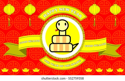 Happy new year of Snake year on Red background and golden ribbon with good word for life in Chinese zodiac concept