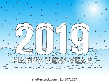 Happy New Year. Snow caps on numbers and letters. Coloring 2019 text design pattern. Vector illustration. Isolated on white background