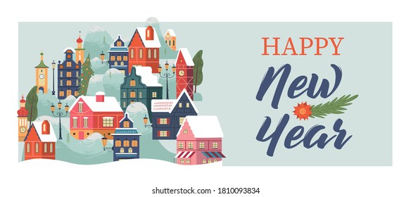 Happy new year. Snow covered town. Snowfall. Christmas card with. Vector greeting christmas card.