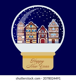 Happy New Year snow globe with old houses. Set of xmas glass ball. Christmas snowglass ball with european medieval houses and tree, falling snow. Cartoon Vector Illustration. 