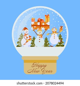 Happy New Year snow globe with Snowmen and gifts. Cartoon Vector Illustration.  xmas glass ball . Crystal ball, snowball with snowy Christmes tree, snowman, falling snow, holiday 