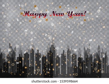 Happy new year! Snowfall over the city. Snowflakes, snow background, snow flakes. Christmas snow for the new year.  Heavy snowfall, snowflakes in different shapes and forms. Vector illustration.