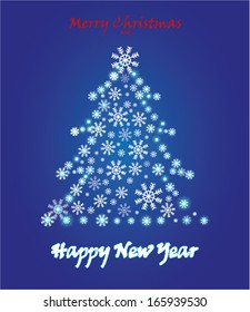 Happy new year snowflake Christmas tree greeting card, vector illustration.