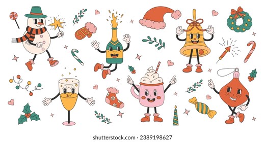 Happy New Year. Snowman, champagne, bell, Christmas tree toy in retro cartoon style. Vector illustration.