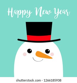 Happy New Year. Snowman face head. Carrot nose, black hat. Merry Christmas. Cute cartoon funny kawaii character. Blue winter background. Greeting card. Flat design. Vector illustration