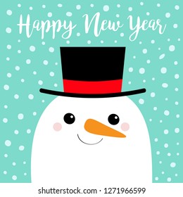 Happy New Year. Snowman face head. Carrot nose, black hat. Cute cartoon funny kawaii character. Blue winter snow background. Merry Christmas. Greeting card. Flat design. Vector illustration