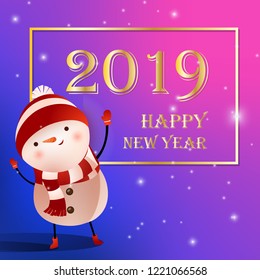 Happy New Year with snowman and frame poster design. Inscription in frame with snowman on purple background. Can be used for postcards, calendars, greetings