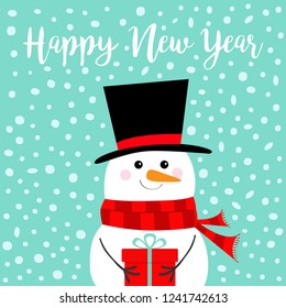 Happy New Year. Snowman holding gift box present. Carrot nose, black hat, red scarf. Merry Christmas. Cute cartoon funny kawaii character. Blue snow winter background. Flat design. Vector illustration