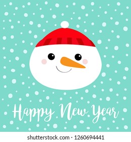 Happy New Year. Snowman round face head icon. Carrot nose, red hat. Cute cartoon funny kawaii character. Merry Christmas. Blue winter snow background. Greeting card. Flat design. Vector illustration