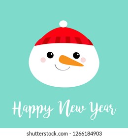 Happy New Year. Snowman round face head icon. Carrot nose, red hat. Cute cartoon funny kawaii character. Merry Christmas. Blue winter background. Greeting card. Flat design. Vector illustration