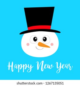 Happy New Year. Snowman round face head. Carrot nose, black hat. Merry Christmas. Cute cartoon funny kawaii character. Greeting card. Blue winter background. Flat design. Vector illustration