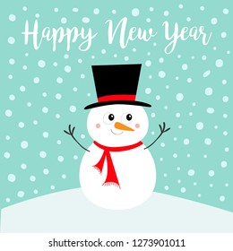 Happy New Year. Snowman standing on snowdrift. Carrot nose, black hat. Merry Christmas.Cute cartoon funny kawaii character. Greeting card. Blue snow winter background. Flat design. Vector illustration
