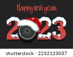 Happy new year. Snowy numbers 2023 with bike wheel in a Christmas hat. Original template design for greeting card, banner, poster. Vector illustration on isolated background