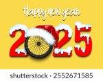 Happy new year. Snowy numbers 2025 with bike wheel in a Christmas hat. Original template design for greeting card, banner, poster. Vector illustration on isolated background