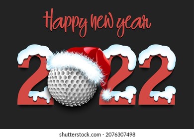 Happy new year. Snowy numbers 2022 with golf ball in a Christmas hat. Original template design for greeting card, banner, poster. Vector illustration on isolated background