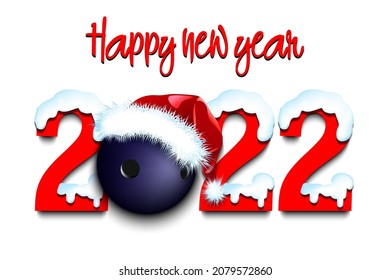 Happy new year. Snowy numbers 2022 with bowling ball in a Christmas hat. Original template design for greeting card, banner, poster. Vector illustration on isolated background